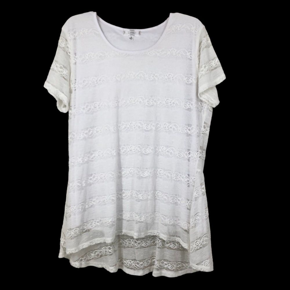 Shannon Ford White Lace T-Shirt, Hi/Lo Hem, Lined, SZ 1x